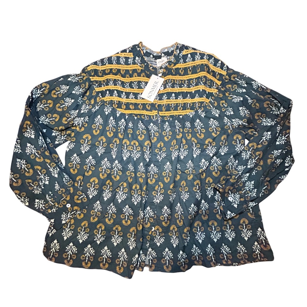 Sonmer Andrea Blouse XL Cotton Block Print Lace Trim Boho Top Teal Yellow